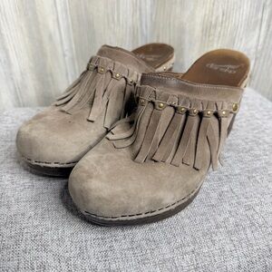 Dansko Deni Taupe Fringe Heeled Mules